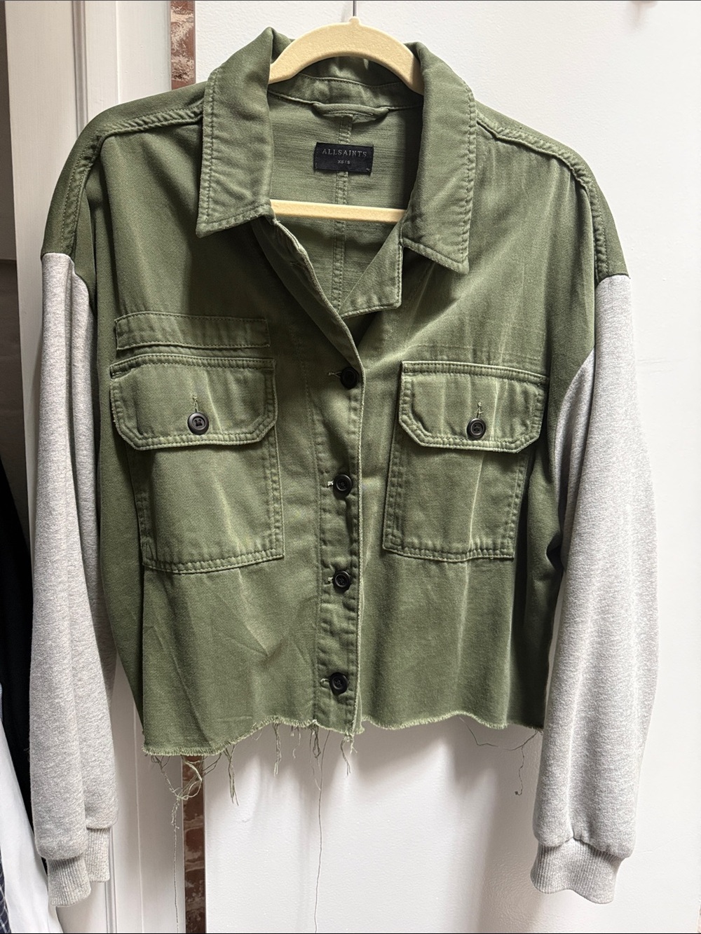 All Saints Olive & Light Gray Cropped Utility Jacket